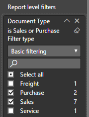 Screenshot of the filter for the document type in the report